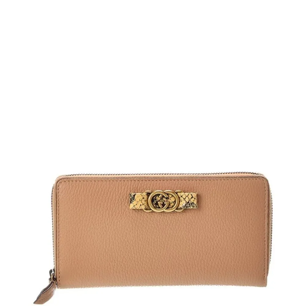 Gucci Camelia Calfskin Snakeskin Leather Grain Zip Around Continental - Picture 1 of 3